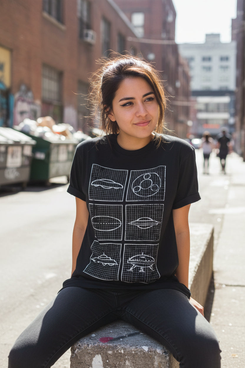 UFO Grid Schematics Shirt | Unisex Heavy Cotton Gildan 5000 | Alien & UFO, Retro & Vintage | Psychedelic