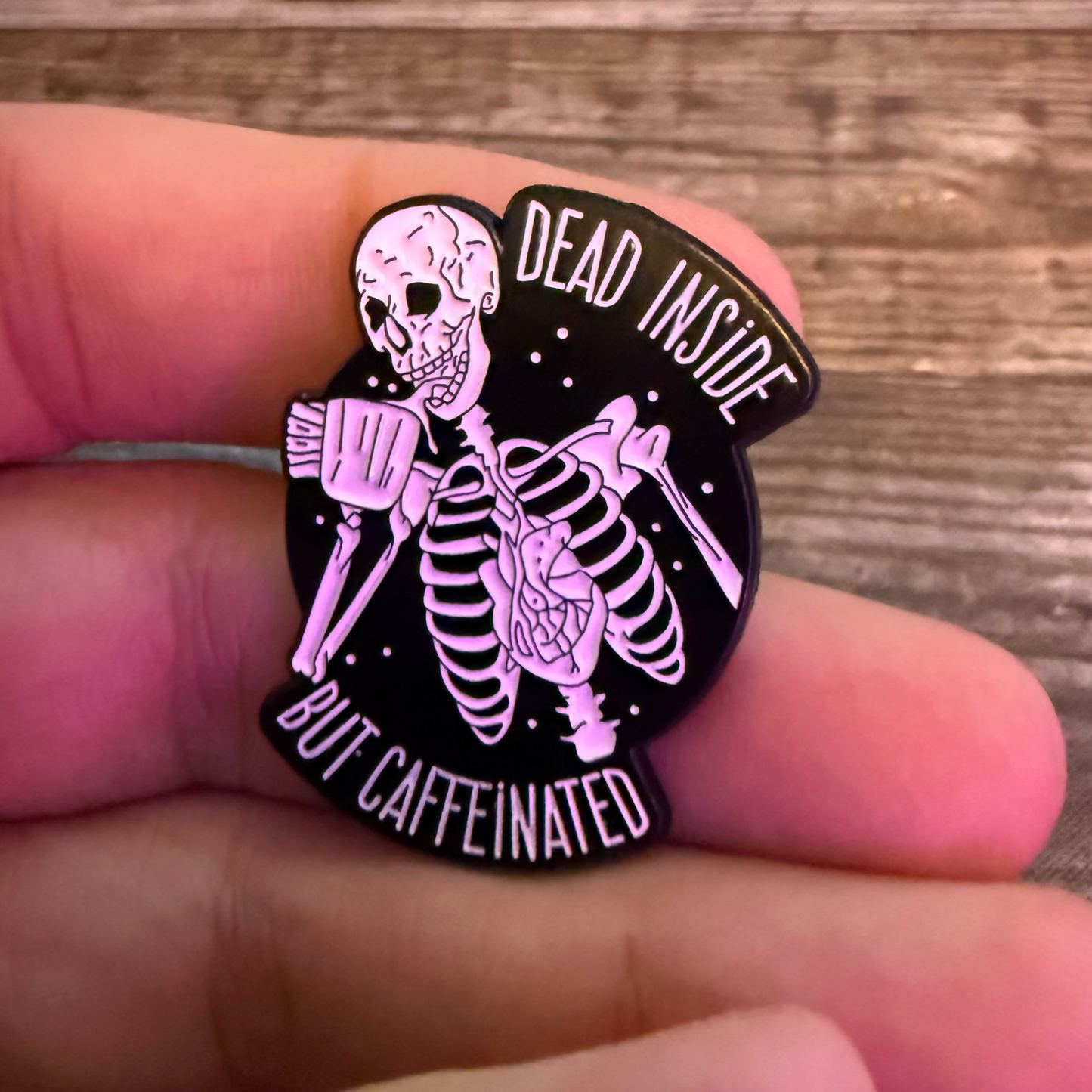 Dead Inside But Caffeinated Pinback Button | Pinback Button | Skulls & Skeletons, Funny | Goth/Gothic