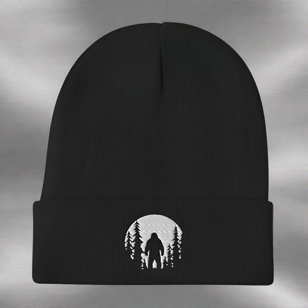 - Bigfoot in Woods | Embroidered Beanie | Winter Hat from Crypto Zoo Tees