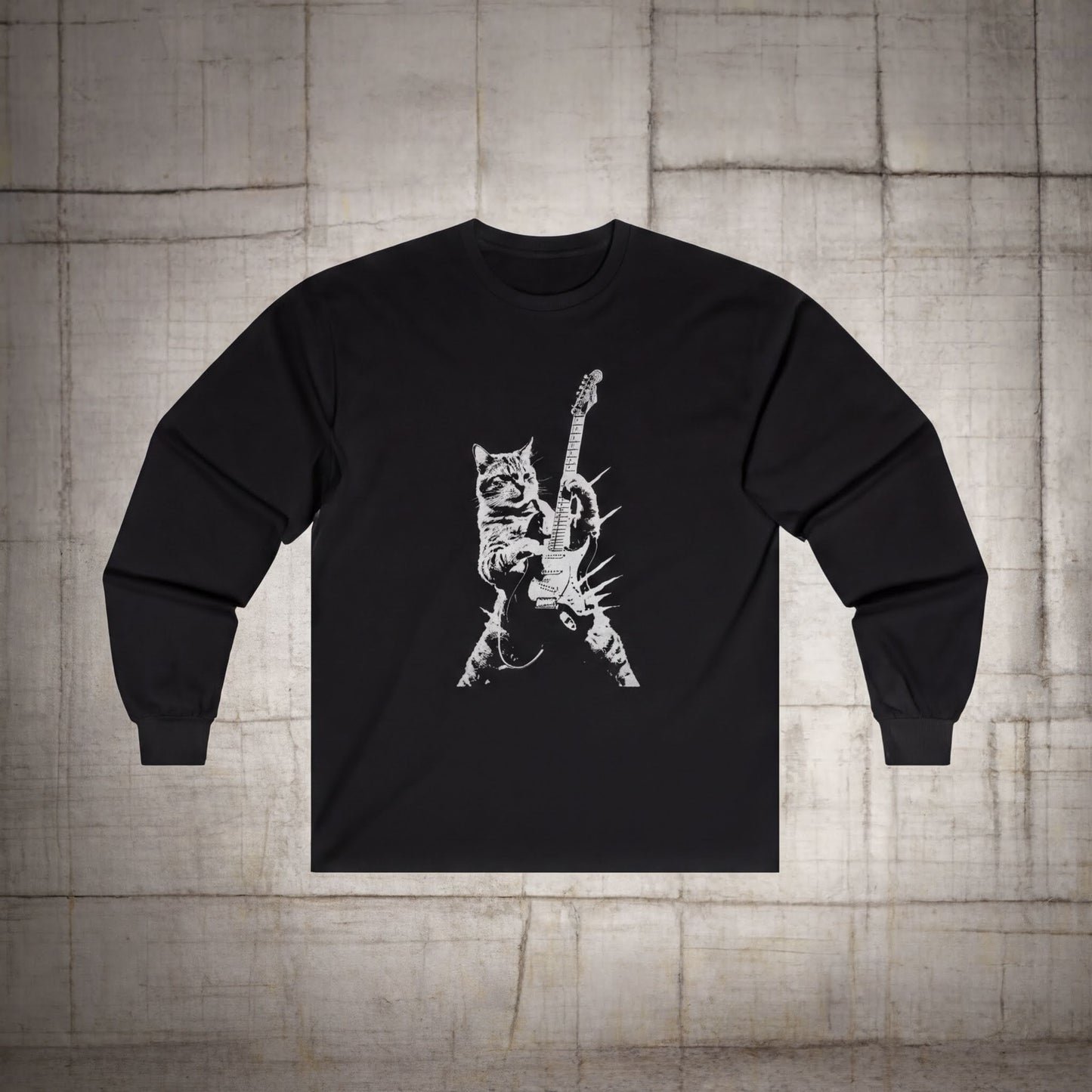 Long-sleeve - Cat Electric Guitar Shirt – Long Sleeve T-Shirt With Cool Cat Graphic Tee from SHIRT MONSTERS