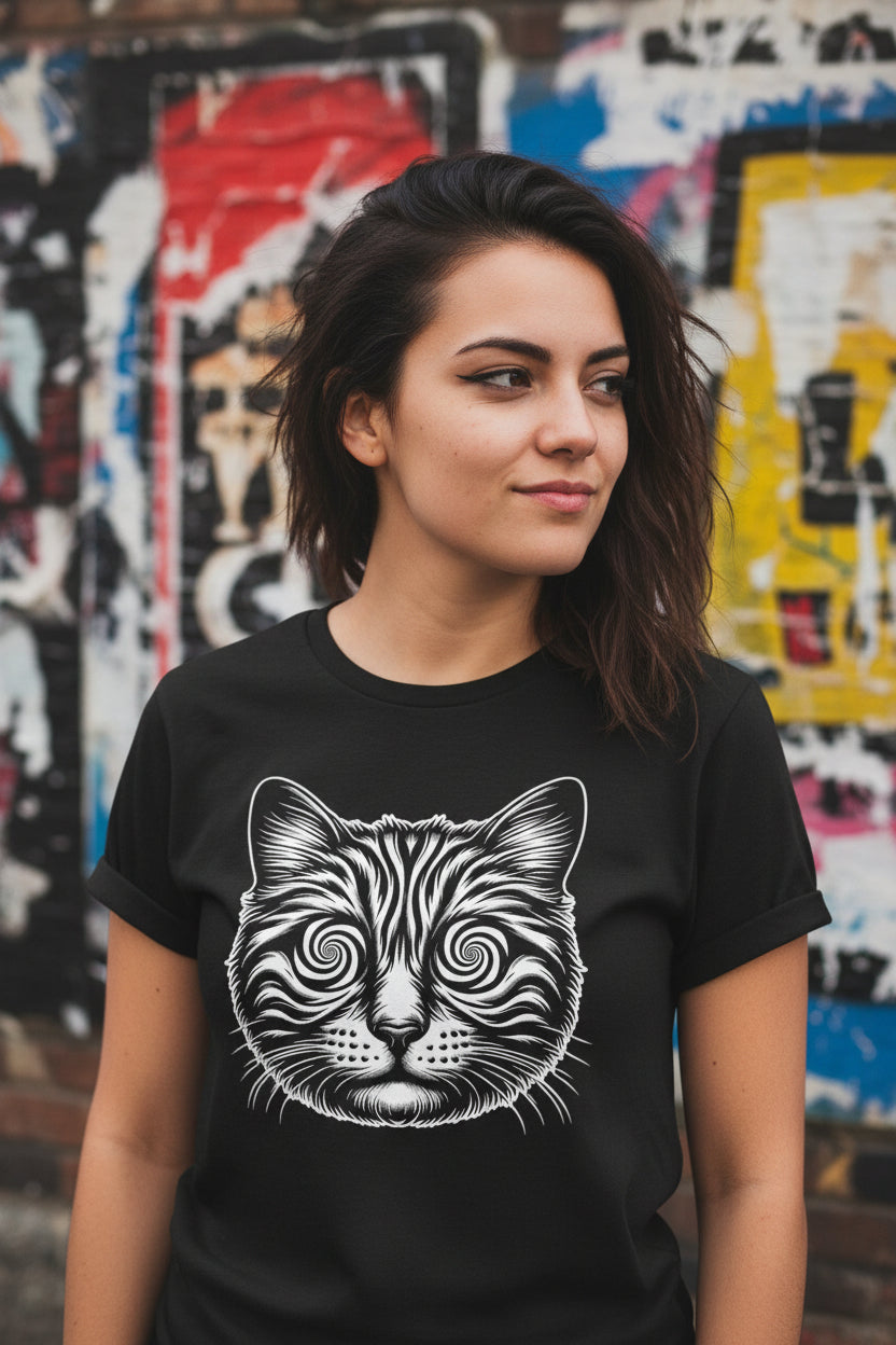 T-Shirt - Cat with Spiral Eyes Shirt | Hypnotized Trippy Tee | Bella + Canvas Unisex T-shirt from Crypto Zoo Tees