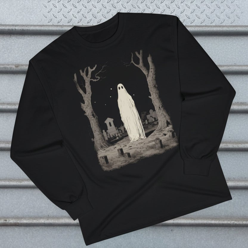 T-Shirt - Ghost in Cemetery Long Sleeve Tee | Unisex Long Sleeve Tee - Guldan 2400 | Ghosts & Paranormal, Halloween, Horror | Goth/Gothic from SHIRT MONSTERS
