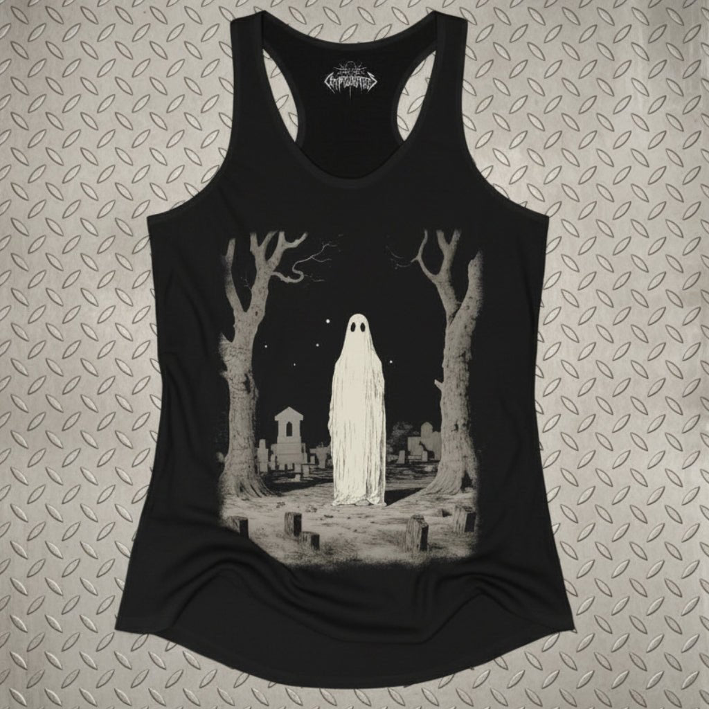 T-Shirt - Ghost in Cemetery Tank Top | Ladies Racerback Tank Top - Next Level 1533 | Ghosts & Paranormal, Halloween, Horror | Goth/Gothic from SHIRT MONSTERS