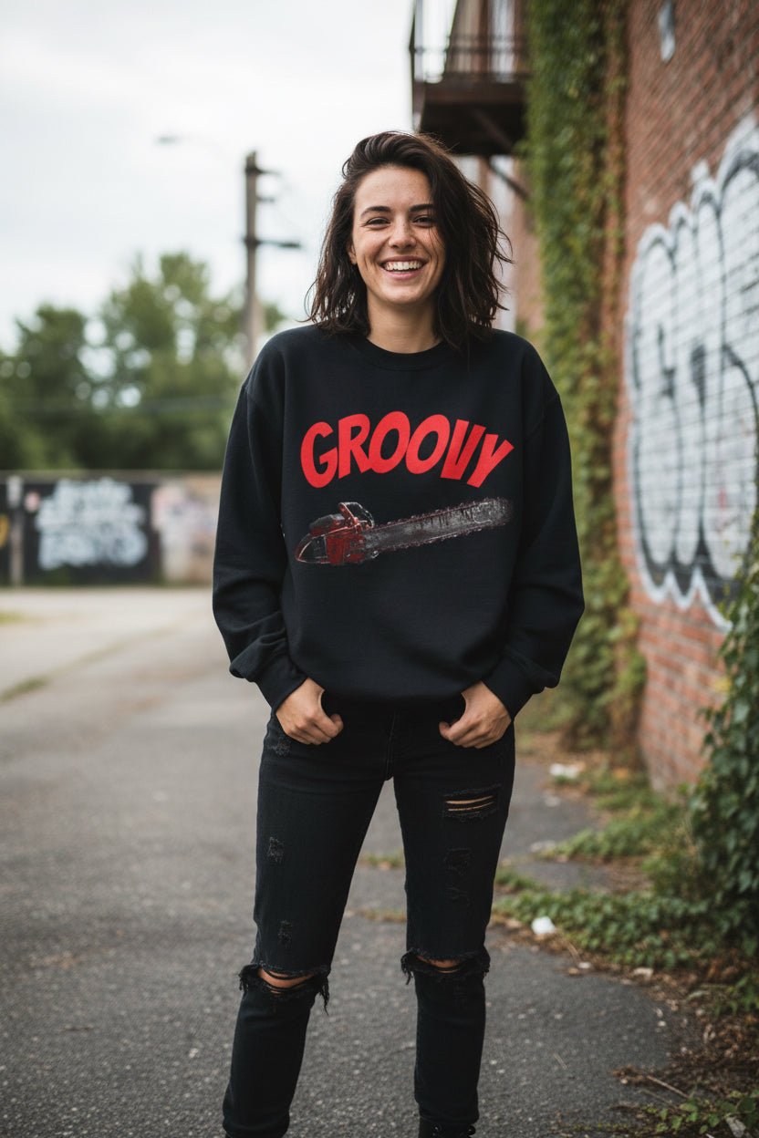 Sweatshirt - Groovy Chainsaw Crewneck | Unisex Crewneck Sweatshirt - Gildan 18000 | Horror | Retro & Vintage from Crypto Zoo Tees