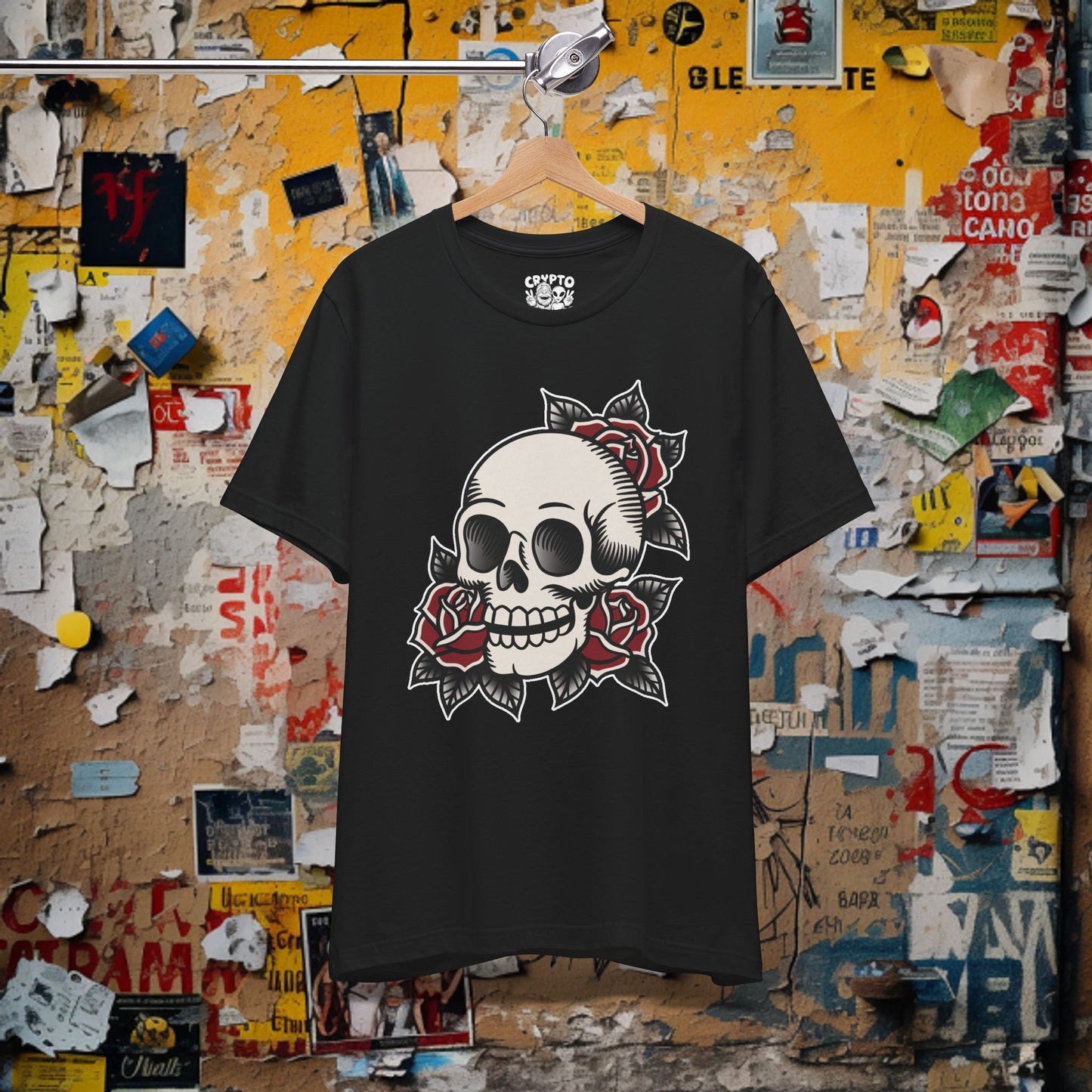 T-Shirt - Old School Skull and Roses Shirt American Traditional Tattoo T-Shirt Vintage Skull Graphic Tee Gift for Tattoo Lovers Classic Ink Style from Crypto Zoo Tees