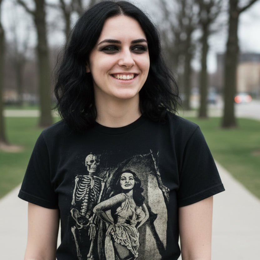 T-Shirt - Pin - Up Skeleton Babe | Unisex T-shirt (Bella+Canvas 3001) | Horror, Skulls & Skeletons | Goth/Gothic, Rockabilly from Crypto Zoo Tees