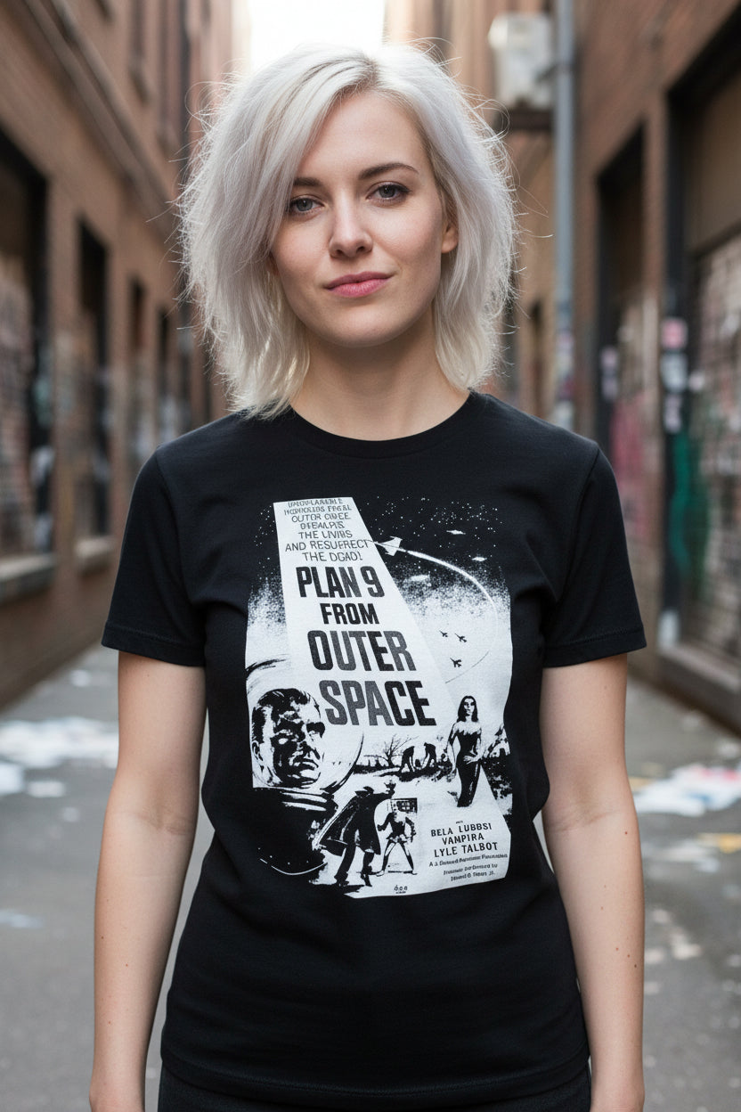 T-Shirt - Plan 9 From Outer Space 1959 Movie High Contrast Black and White Poster Tee | Women's T-Shirt | Cotton Tee | Ladies Tee from Crypto Zoo Tees