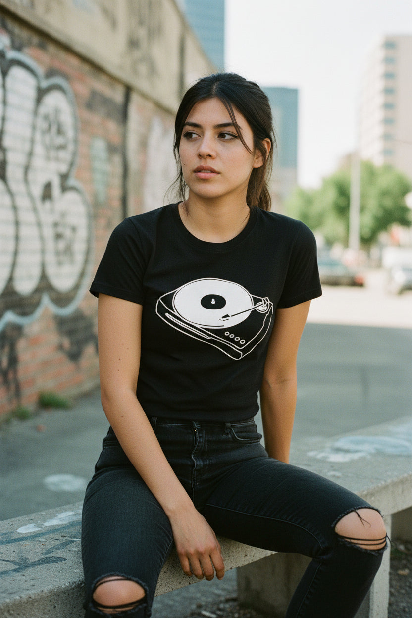 T-Shirt - Record Player | Retro | Music Media | Women's T-Shirt | Cotton Tee from Crypto Zoo Tees