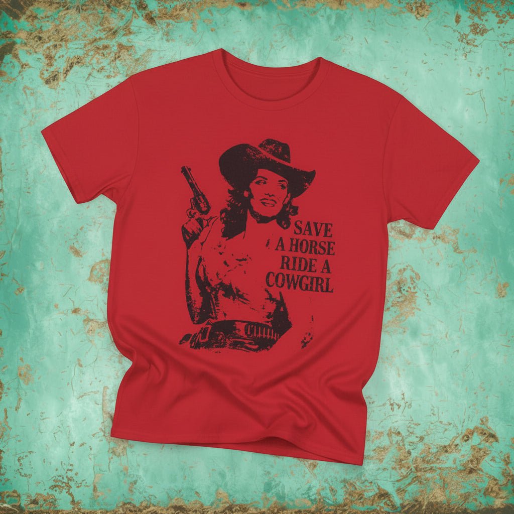 T-Shirt - Ride A Cowgirl Shirt MANY COLORS | Unisex Heavy Cotton - Gildan 5000 | Funny | Rockabilly from Crypto Zoo Tees