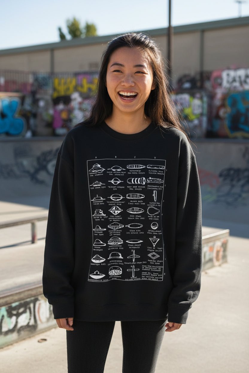 Sweatshirt - Type Of UFOs | Unisex Crewneck Sweatshirt - Gildan 18000 | Alien & UFO from SHIRT MONSTERS