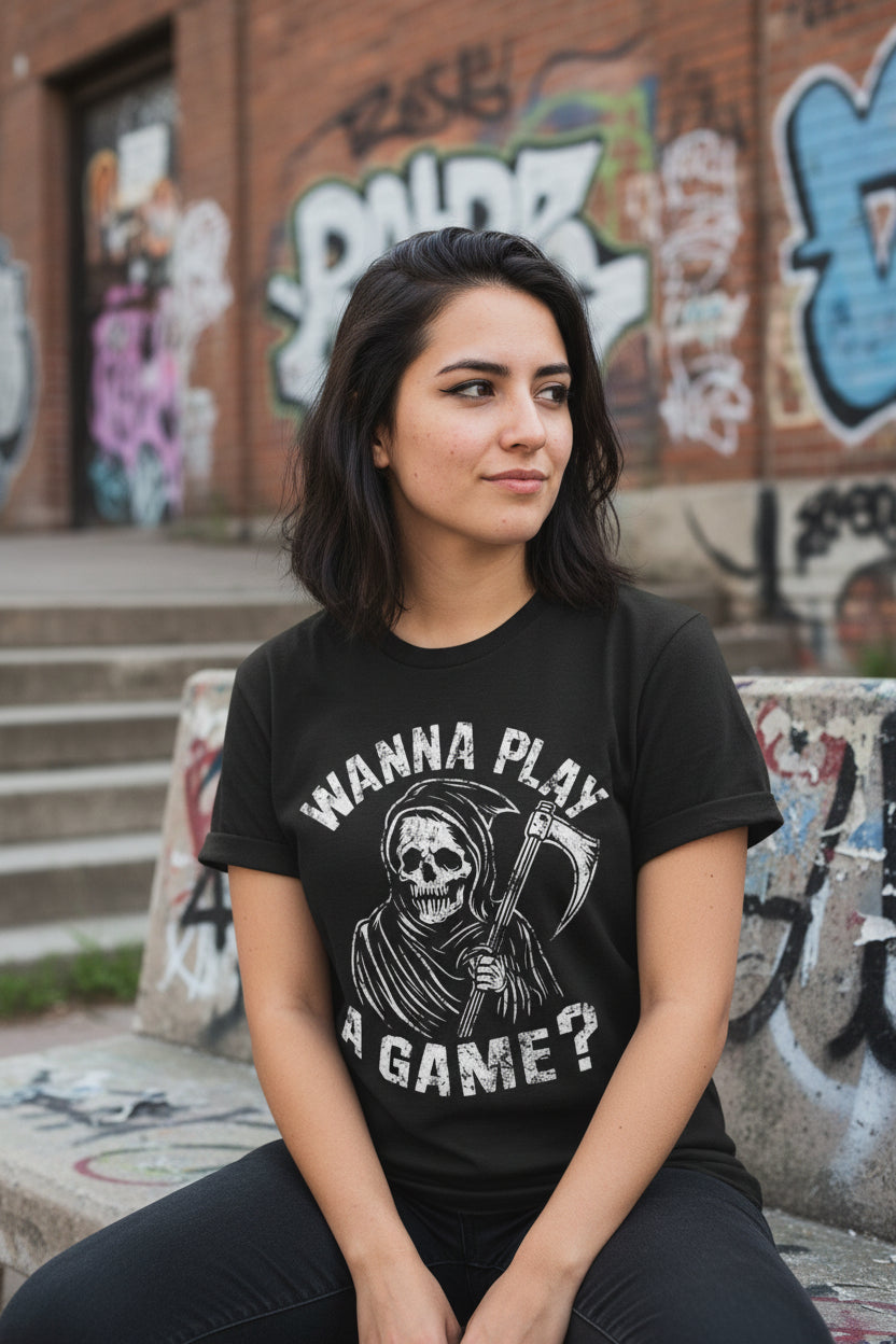 T-Shirt - Wanna Play A Game Grim Reaper Death Tee | Dark Humor Gothic Shirt | Bella + Canvas Unisex T-shirt from Crypto Zoo Tees