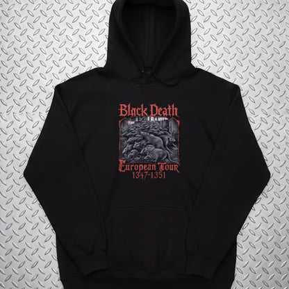 A black hoodie with a graphic design featuring a group of people and text related to the Black Death and the European tour of 1447-1351.