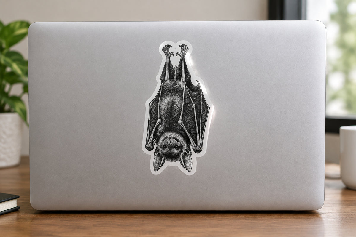 Upside-Down Bat Sticker | Gothic Engraving Art 5.5" x 3"