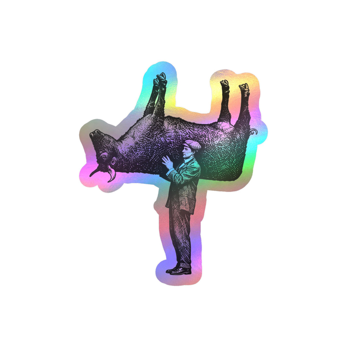 Man Carrying an Upside Down Cow Sticker | 4.5" x 3.75"