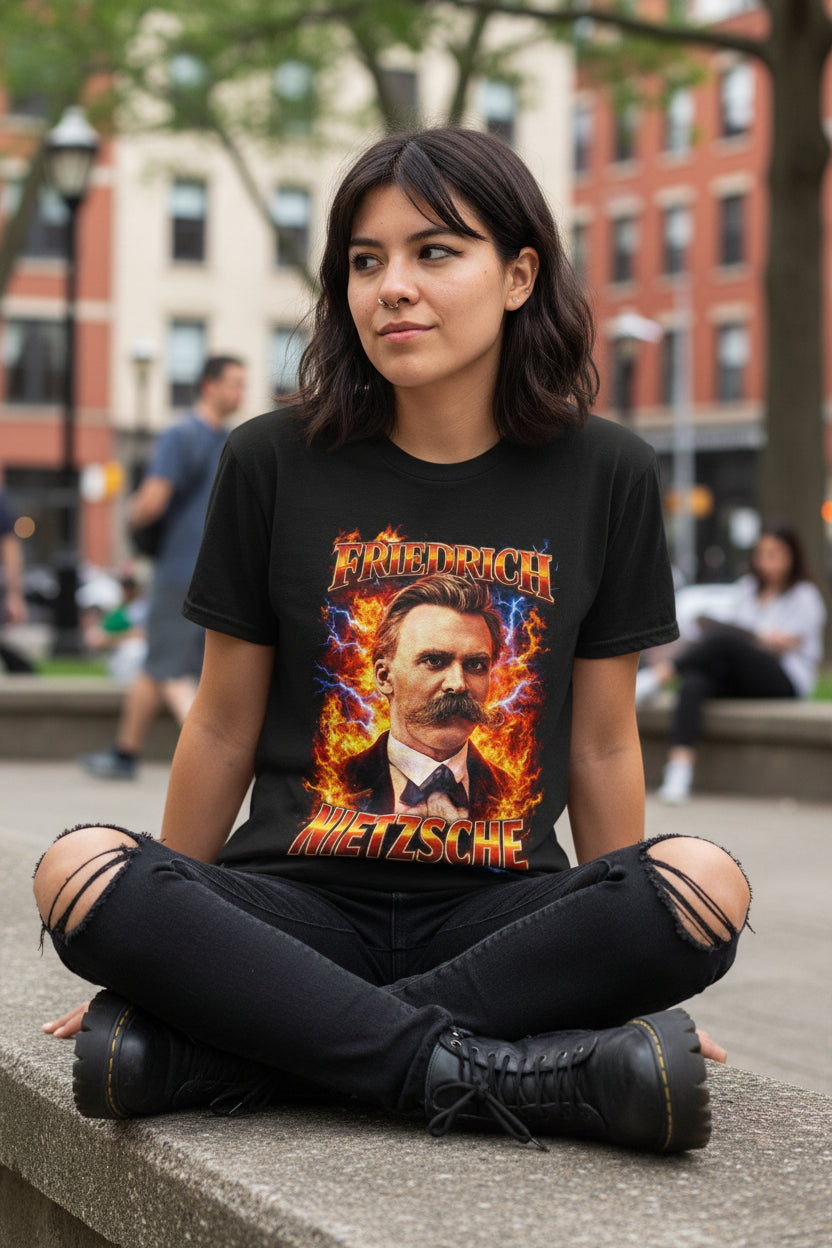Nietzsche 90s Mall Shirt | Unisex Heavy Cotton - Gildan 5000 | Thinkers, Retro & Vintage, Funny