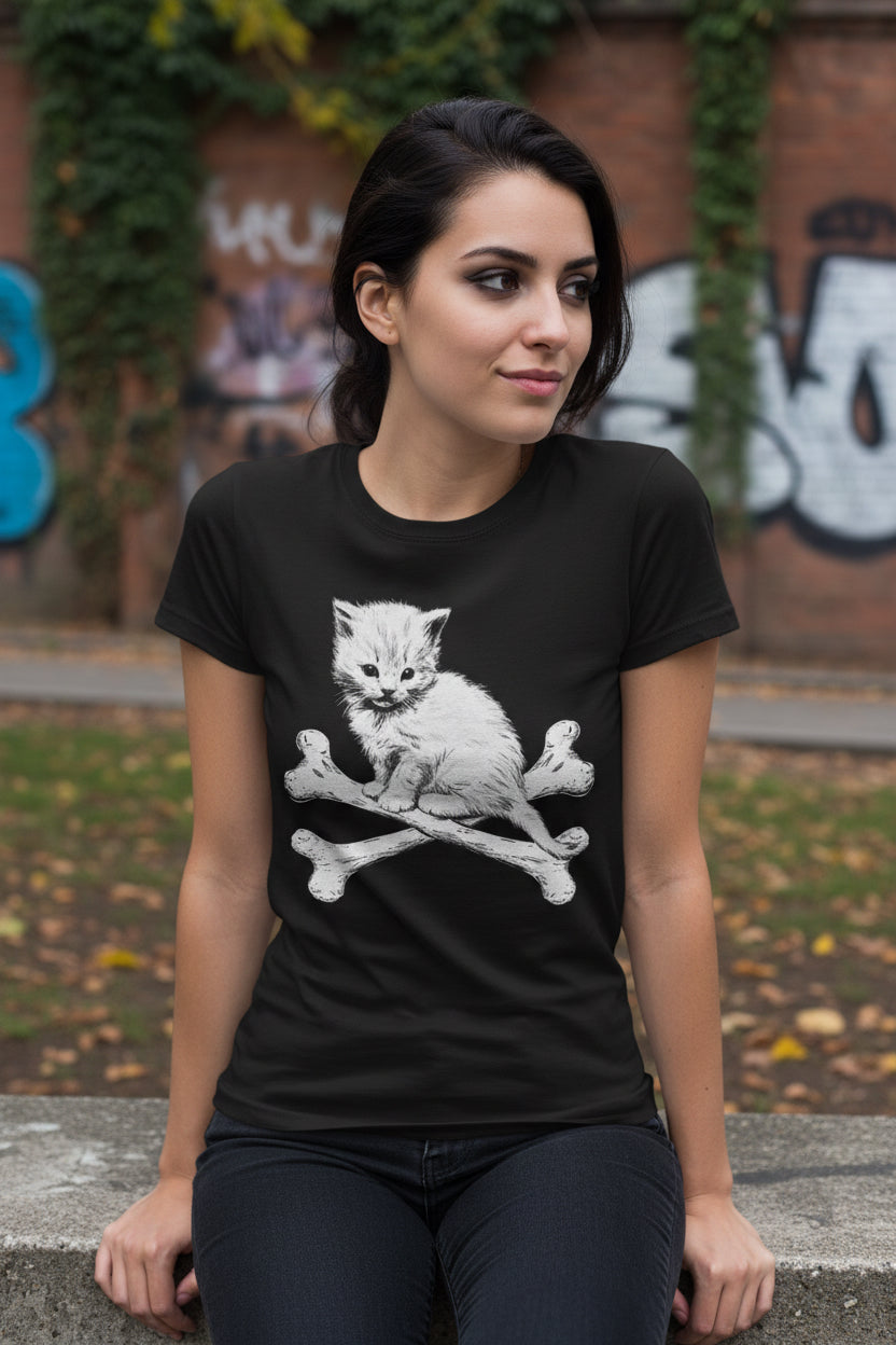 Kitten & Crossbones Shirt | Animals Cats | Goth/Gothic | Crewneck Sweatshirt