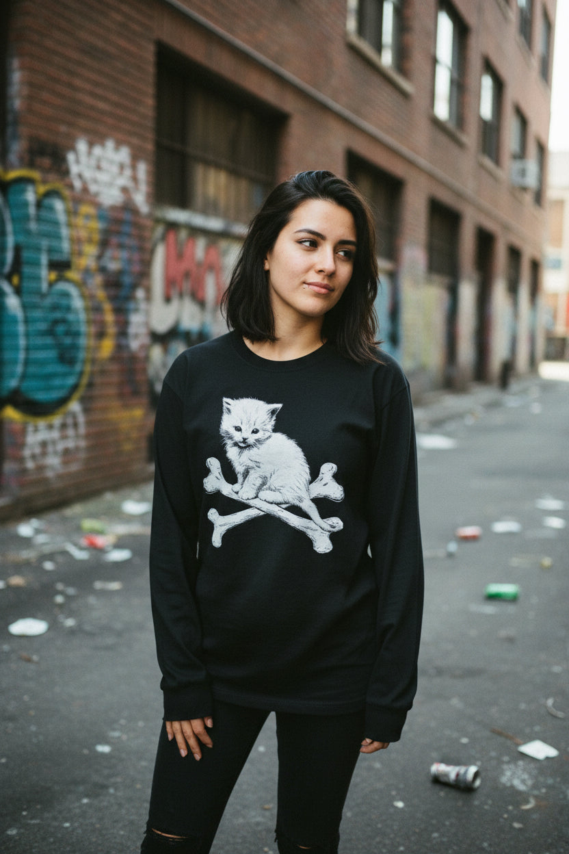 Kitten & Crossbones Shirt | Animals Cats | Goth/Gothic | Crewneck Sweatshirt
