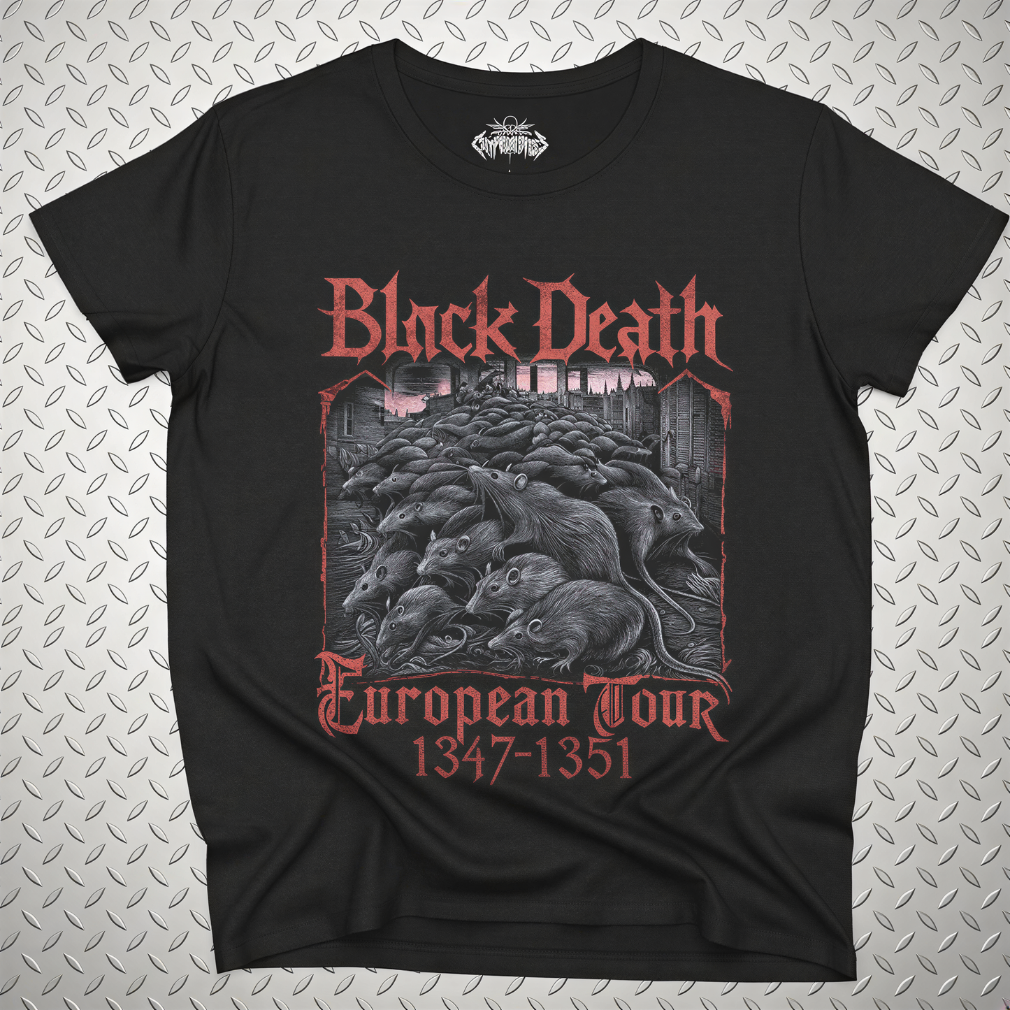 A black t-shirt with a graphic design featuring a group of rats and the text "Black Death European Tour 1347-1351".