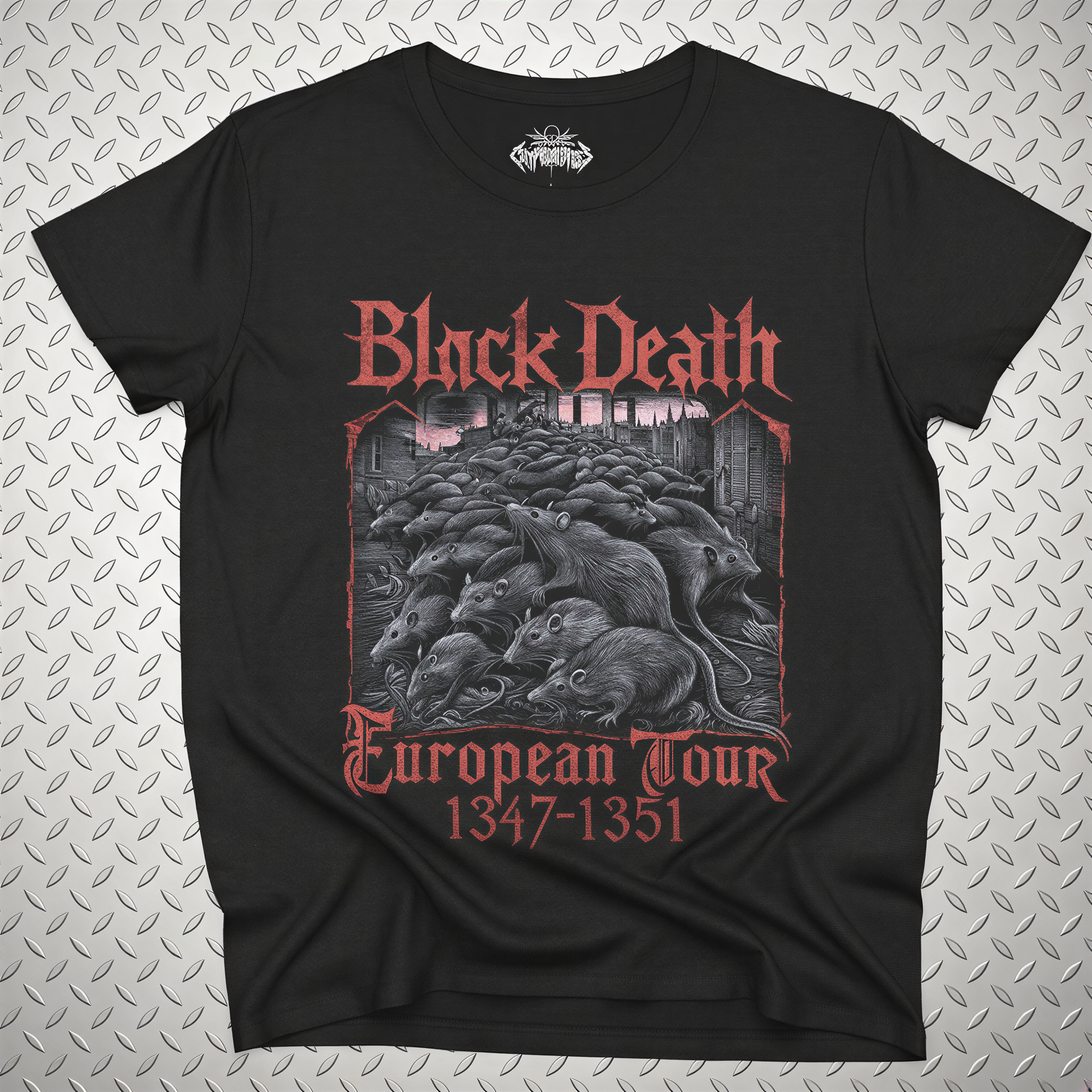 A black t-shirt with a graphic design featuring a group of rats and the text "Black Death European Tour 1347-1351".