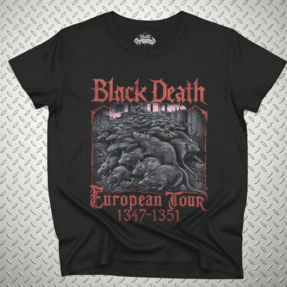 A black t-shirt with a graphic design featuring a group of rats and the text "Black Death European Tour 1347-1351".