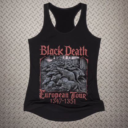 A black tank top with a graphic design featuring a group of rats and the text "Black Death European Tour 1347-1351".