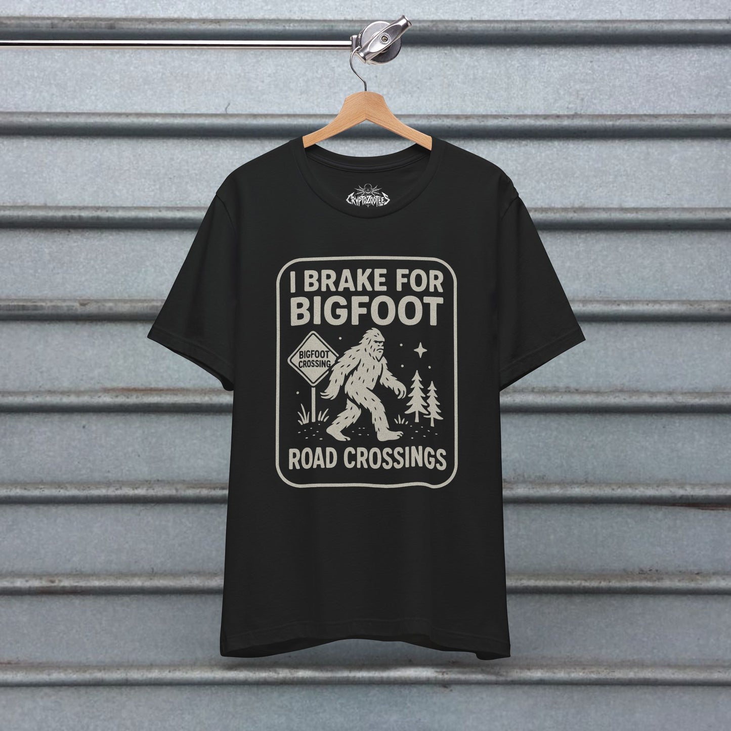 Bigfoot T-Shirt Funny Crossing Tee I Brake For Bigfoot Shirt Black Tee Sasquatch Graphic Tee Outdoor Style Gift For Dad
