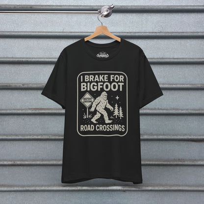 Bigfoot T-Shirt Funny Crossing Tee I Brake For Bigfoot Shirt Black Tee Sasquatch Graphic Tee Outdoor Style Gift For Dad