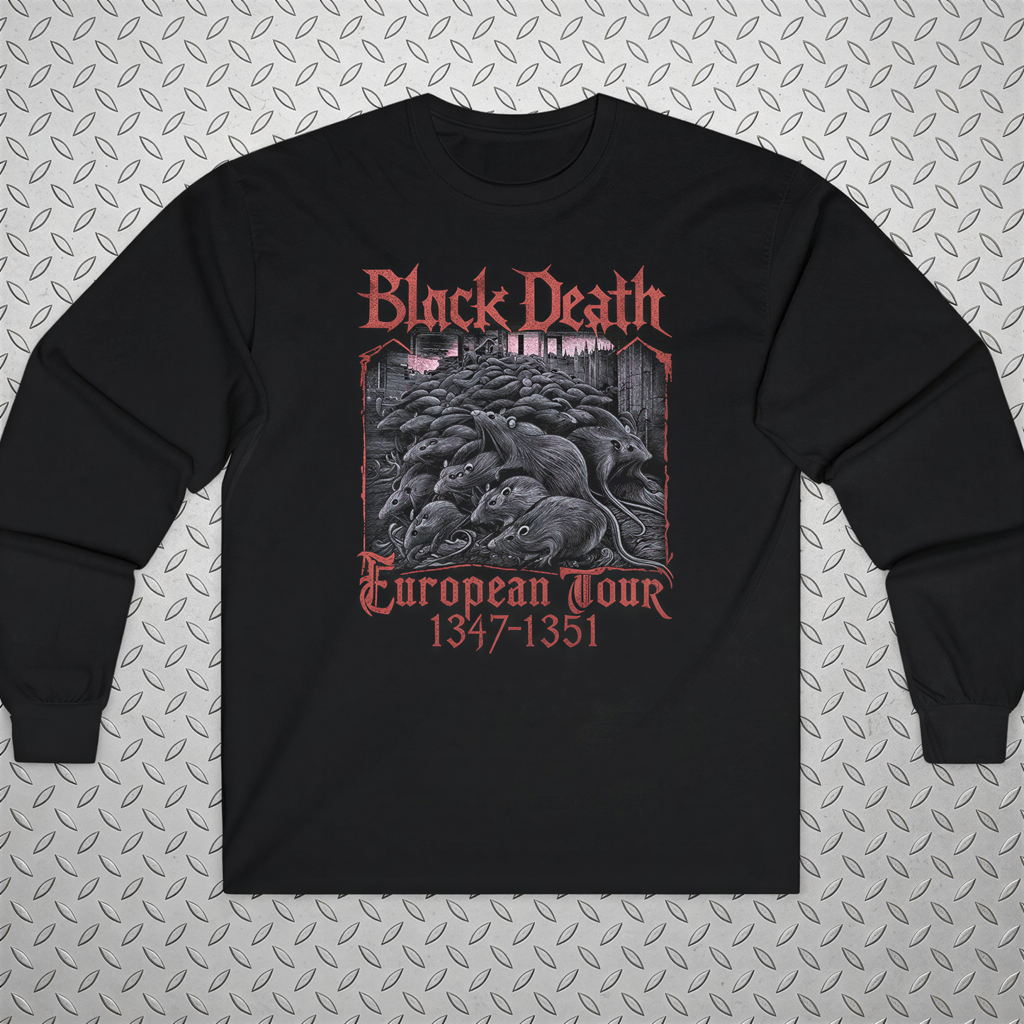 A black long-sleeved shirt with a graphic design featuring a group of rats and the text "Black Death European Tour 1347-1351".