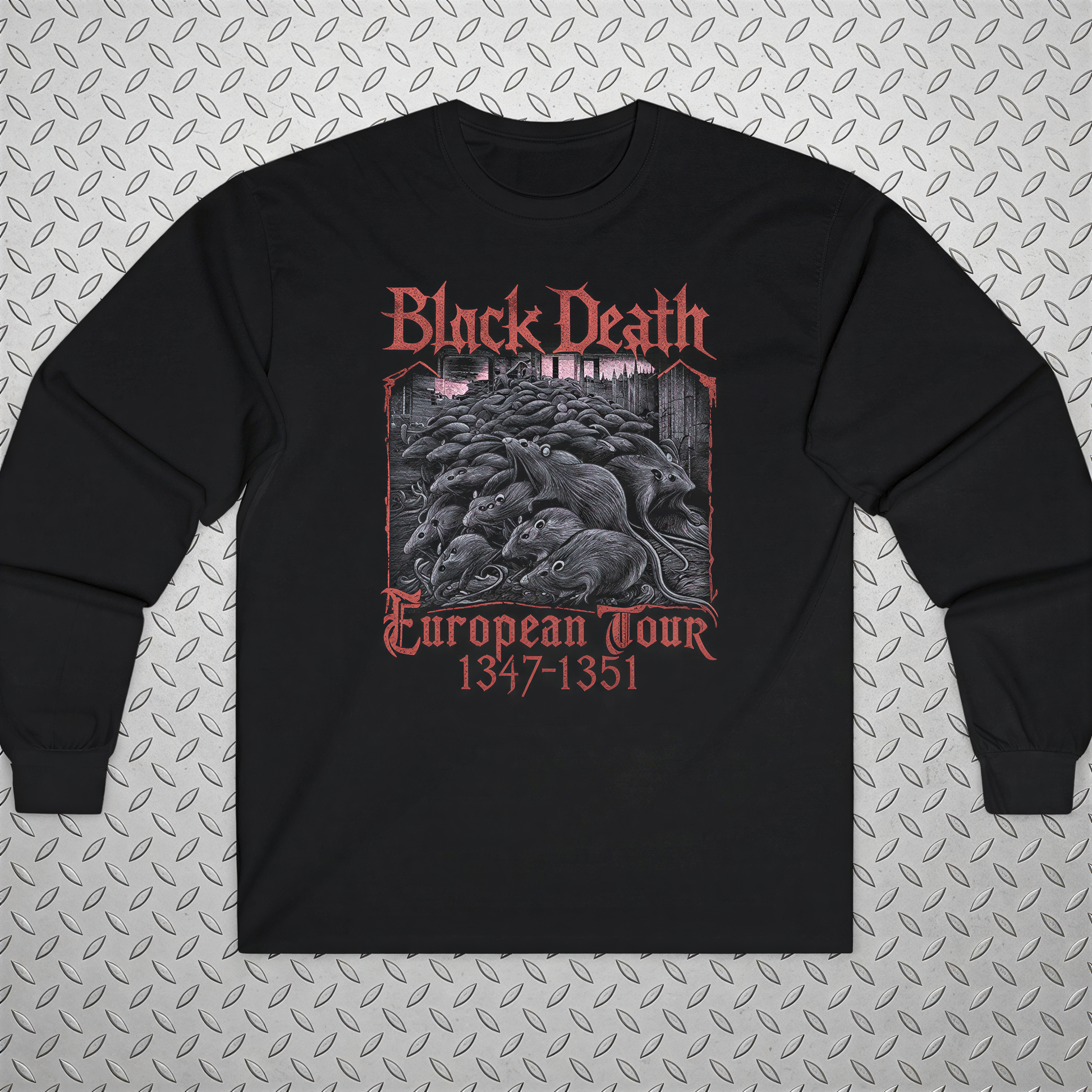 A black long-sleeved shirt with a graphic design featuring a group of rats and the text "Black Death European Tour 1347-1351".