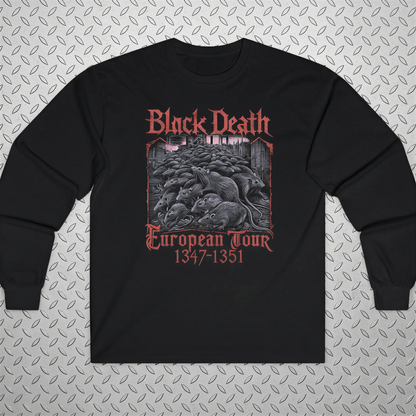 A black long-sleeved shirt with a graphic design featuring a group of rats and the text "Black Death European Tour 1347-1351".