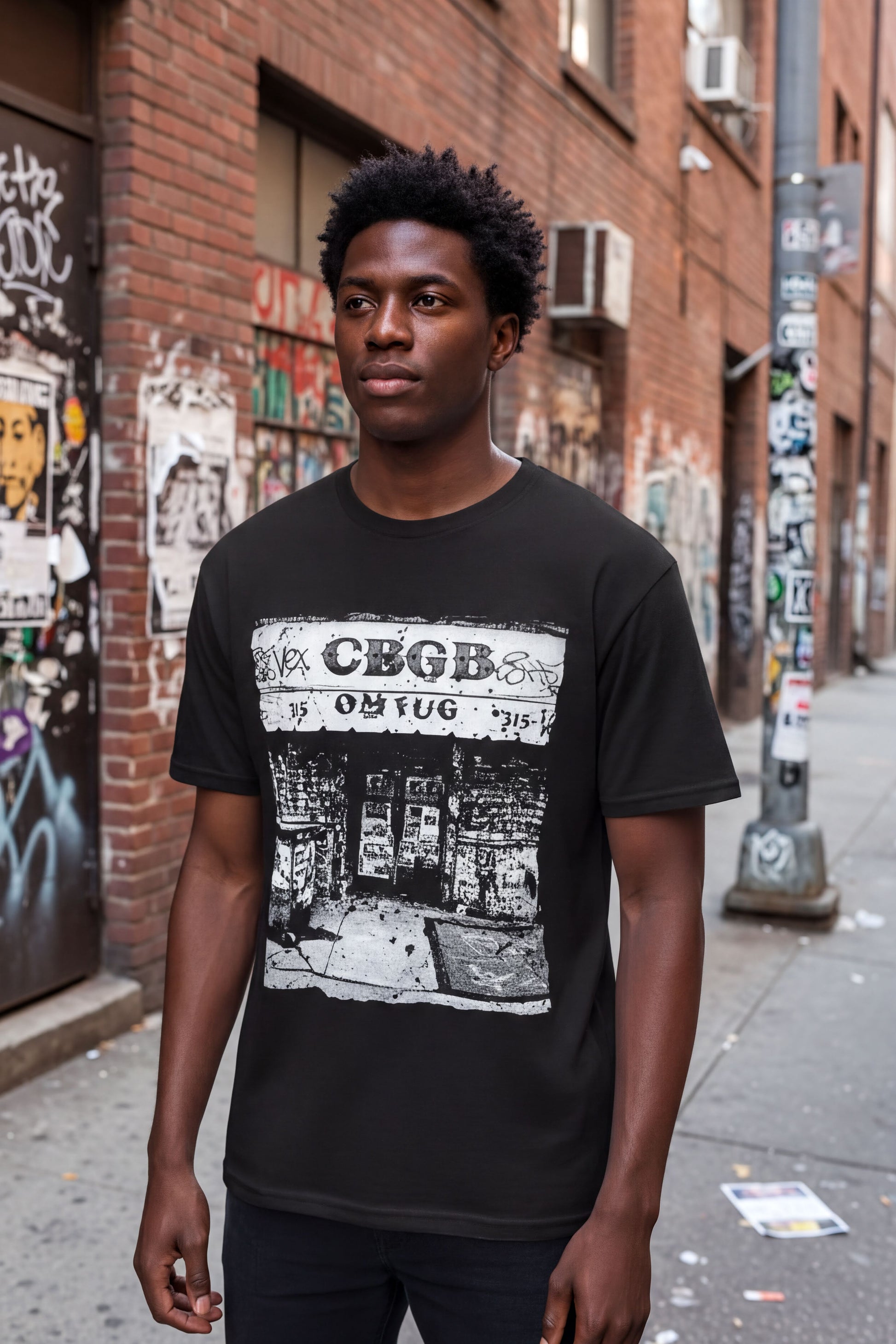 A young man wearing a black t-shirt with a graphic design stands in front of a brick building with graffiti on it.
