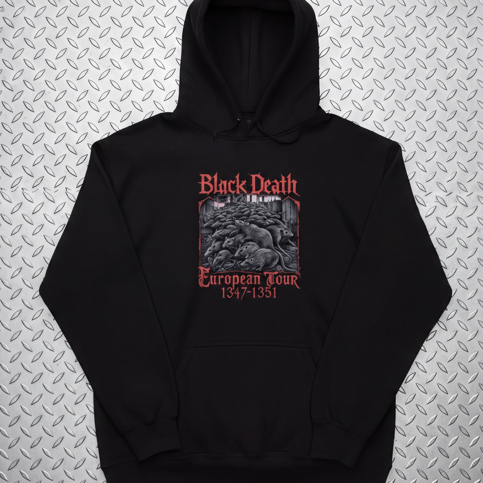 A black hoodie with a graphic design featuring a group of people and text related to the Black Death and the European tour.
