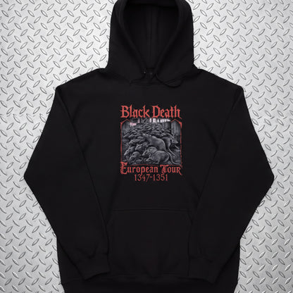 A black hoodie with a graphic design featuring a group of people and text related to the Black Death and the European tour.