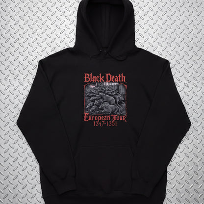 A black hoodie with a graphic design featuring a group of people and text related to the Black Death and the European tour.