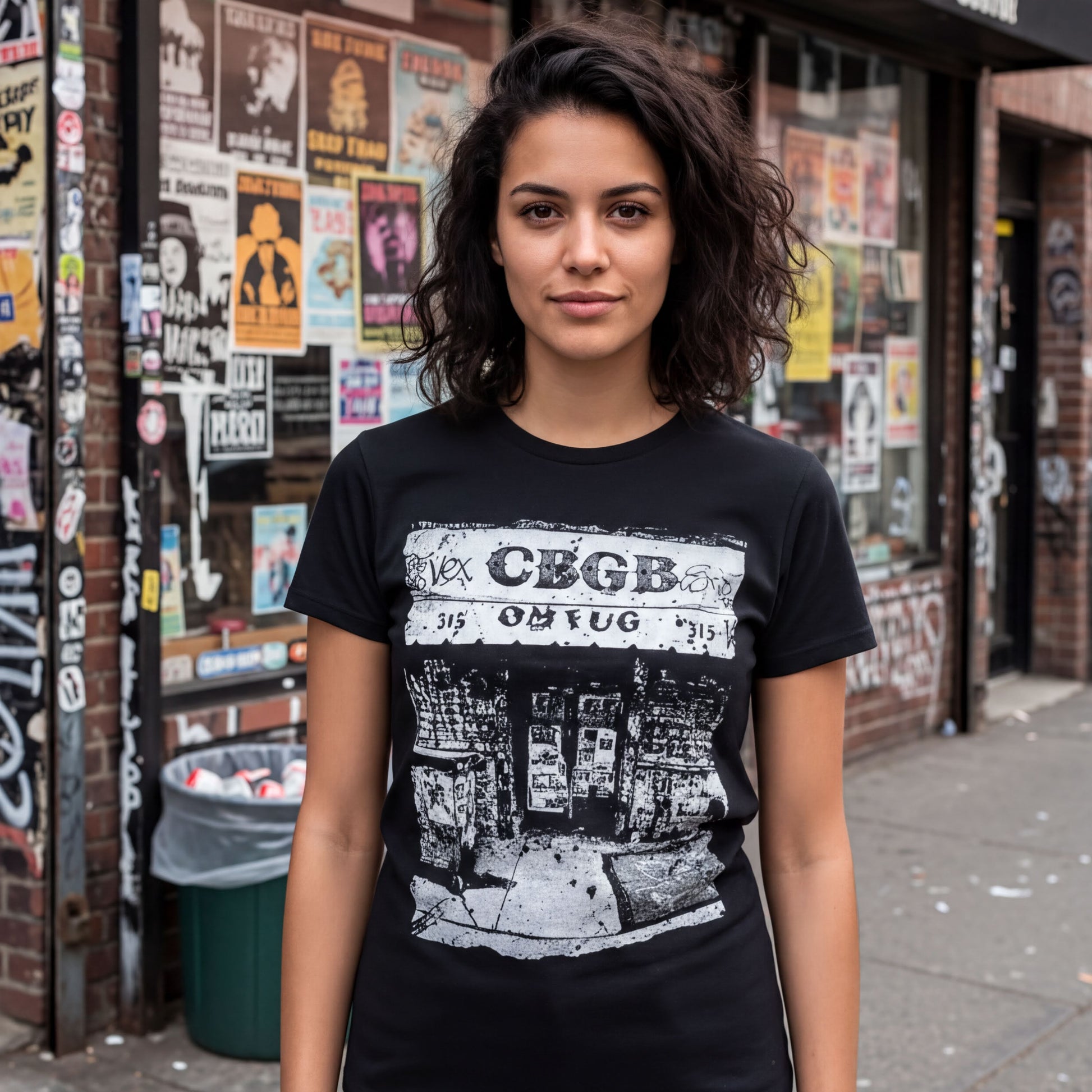 A young woman wearing a black t-shirt with a graphic design stands in front of a building with various posters and graffiti on the walls.