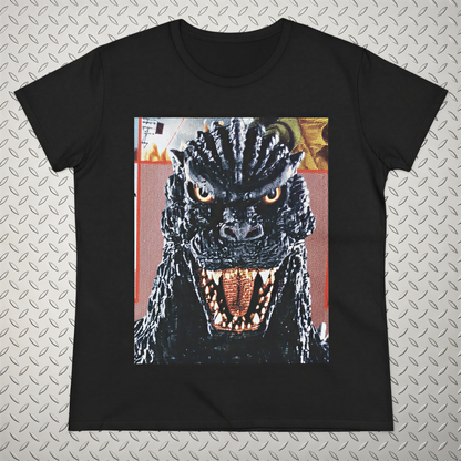 A black t-shirt with a close-up of a menacing-looking monster or dragon-like creature with sharp teeth and an intense expression.