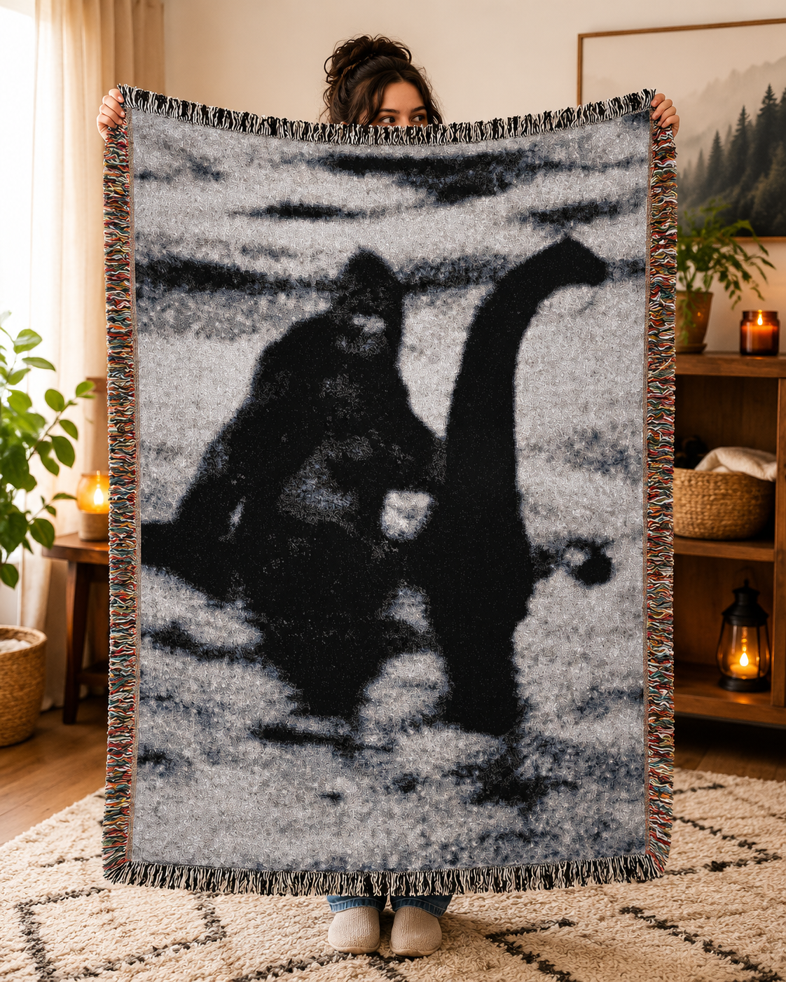 Bigfoot Riding Nessie Blanket | Woven, Fleece & Velveteen | Bigfoot | Retro & Vintage | Home Decor