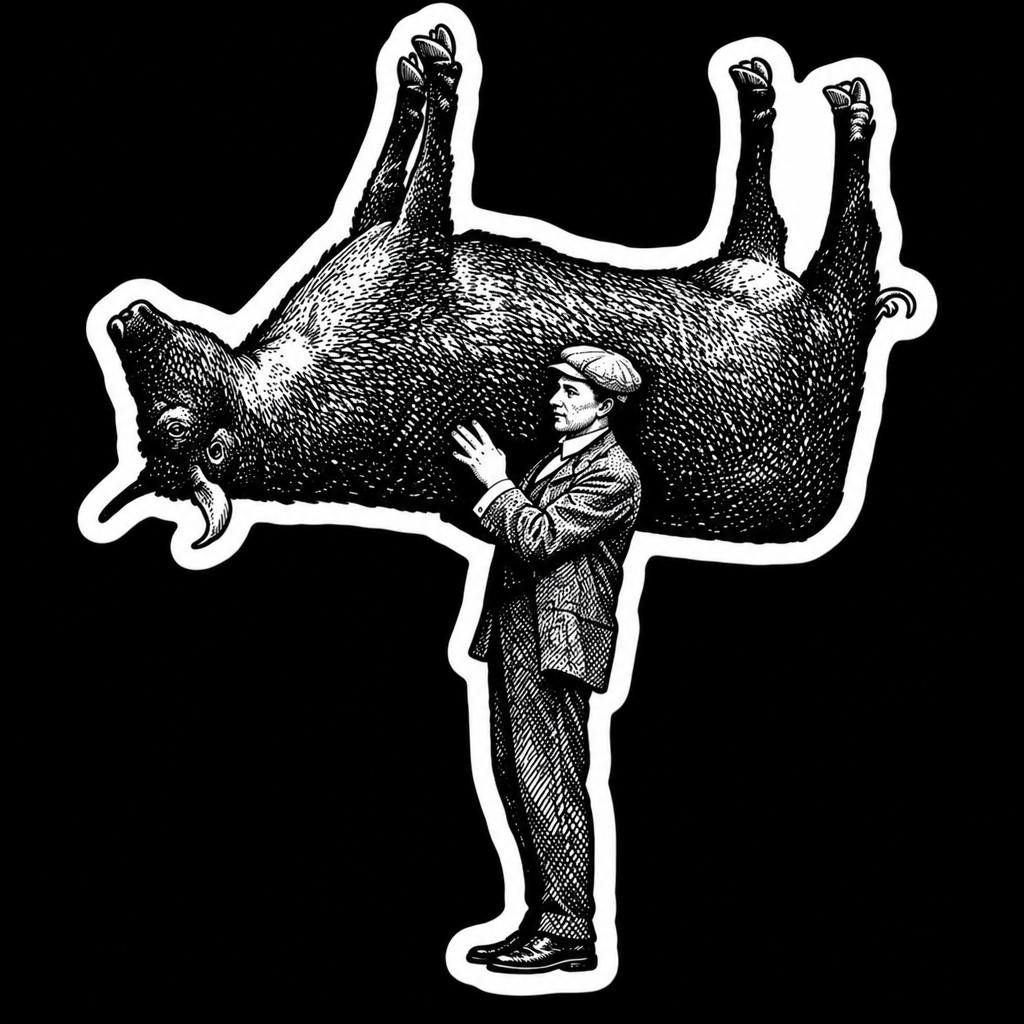 Man Carrying an Upside Down Cow Sticker | 4.5" x 3.75"