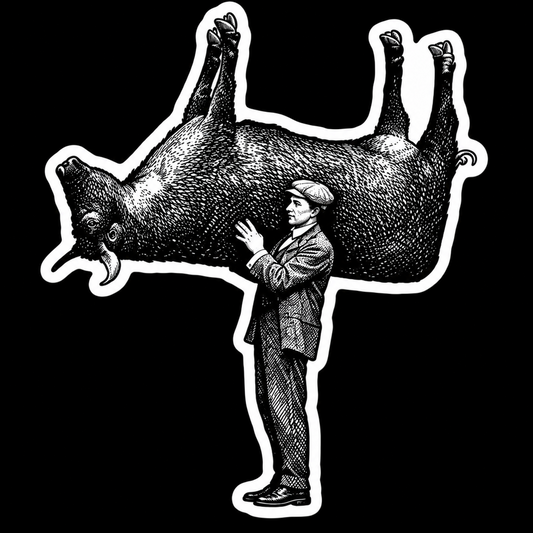 Man Carrying an Upside Down Cow Sticker | 4.5" x 3.75"