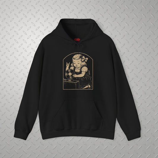Metal Vinyl Girl Record Player | Graphic Apparel | Music | Metal | ❄️ Pullover Hoodie
