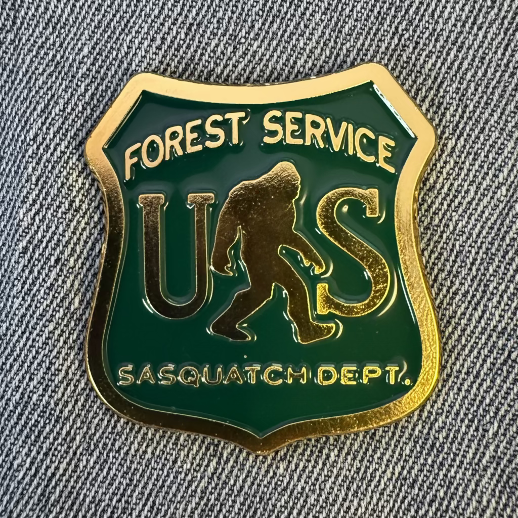 Bigfoot Forest Service Sasquatch Department Ranger Badge Pinback Button Cryptids, Bigfoot