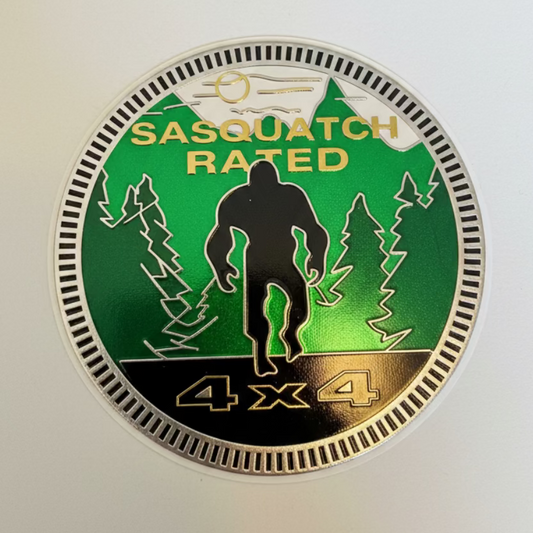 Sasquatch Rated 4x4 Sticker | Metallic 3d Plastic Sticker | Bigfoot | Cryptids | Retro & Vintage