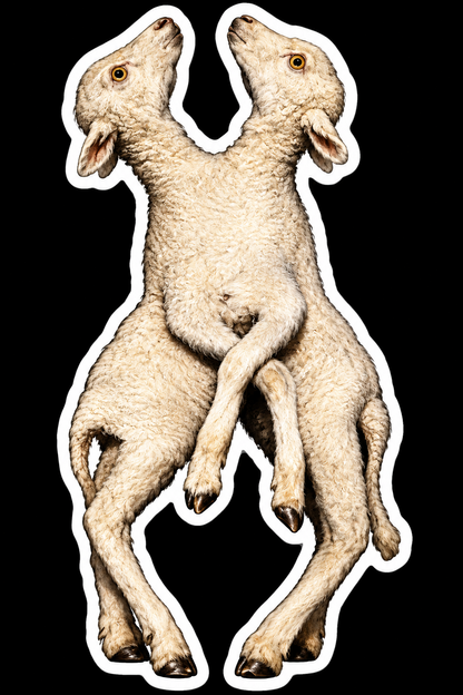 Two-Headed Lamb Sticker | Strange Farm Animal Oddity 5.5" x 2.7"