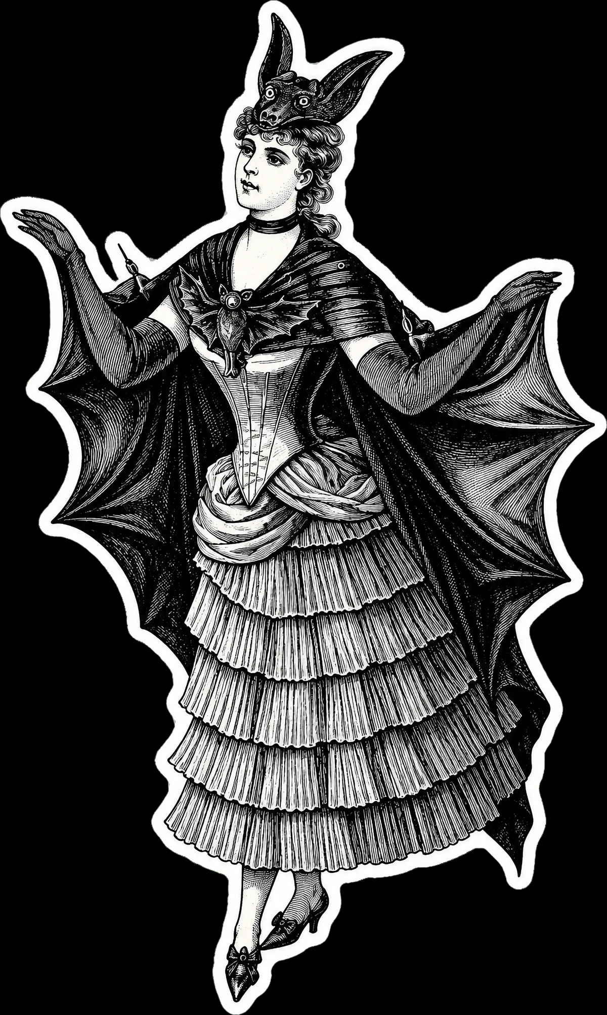 Victorian Bat Woman Sticker | Gothic Halloween Engraving 5.5" x 3.3"