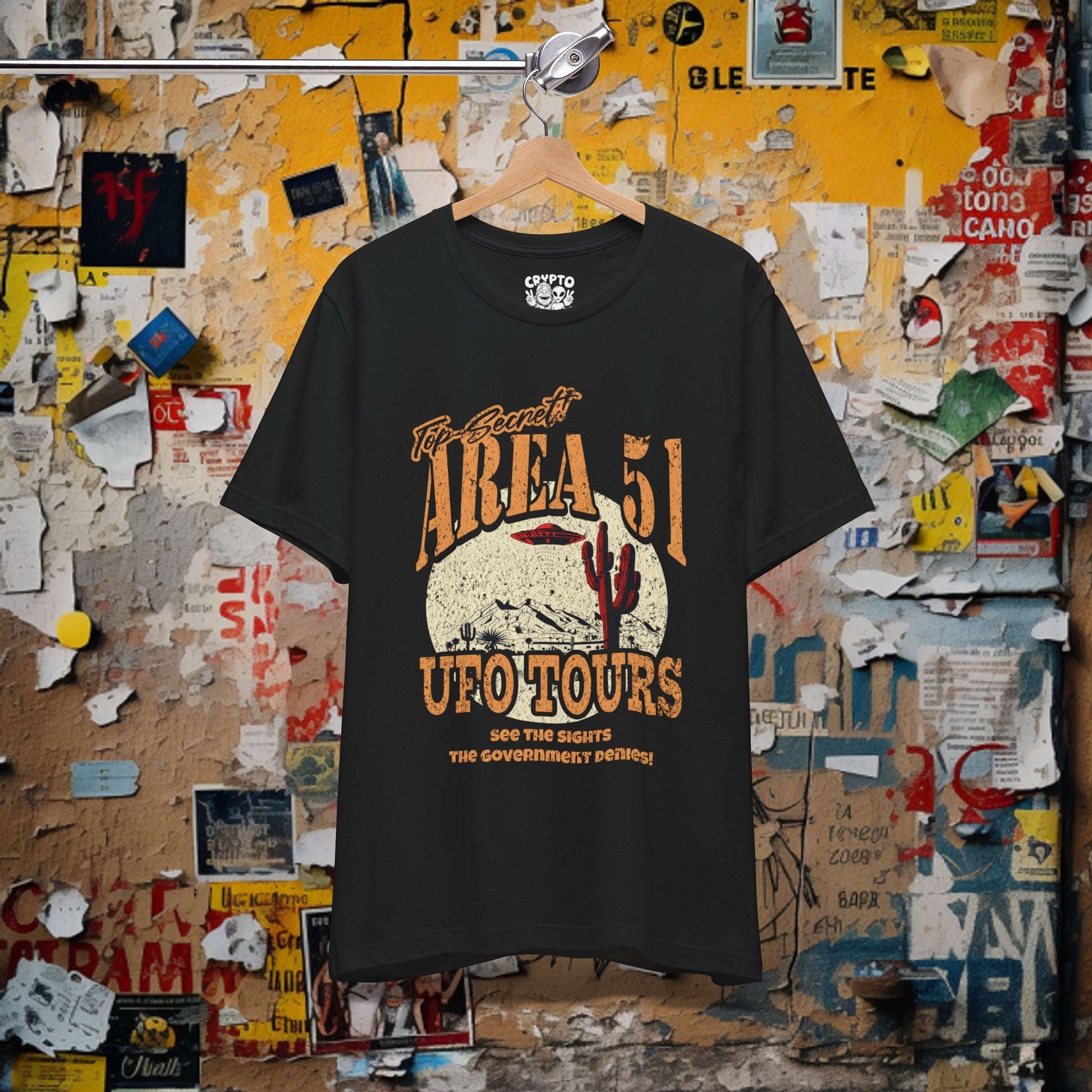T-Shirt - Area 51 UFO Tours Tee - Funny Alien T-Shirt, Retro Sci - Fi Graphic Tee, Unisex Pop Culture Shirt, Space Lover Gift, Unique UFO Design Tee from Crypto Zoo Tees
