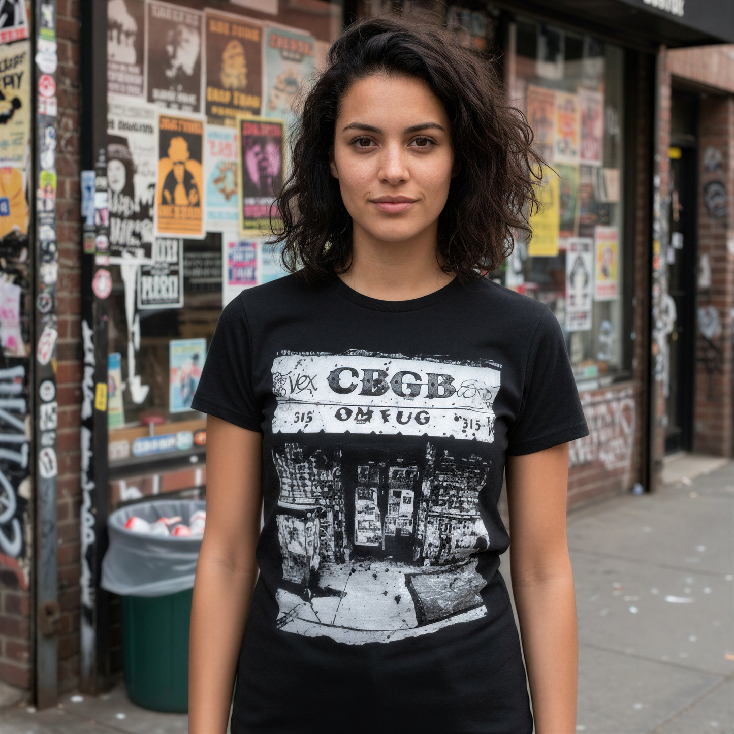 A young woman wearing a black t-shirt with a graphic design stands in front of a building with a window display.
