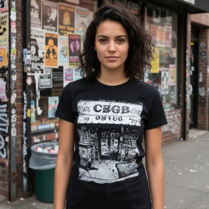 A young woman wearing a black t-shirt with a graphic design stands in front of a building with a window display.