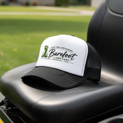 Hats - Barefoot Lawn Care - Custom Screen Printed Trucker Cap from SHIRT MONSTERS (Formally Crypto Zoo Tees)