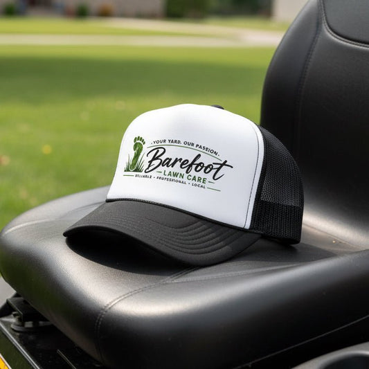 Hats - Barefoot Lawn Care - Custom Screen Printed Trucker Cap from SHIRT MONSTERS (Formally Crypto Zoo Tees)