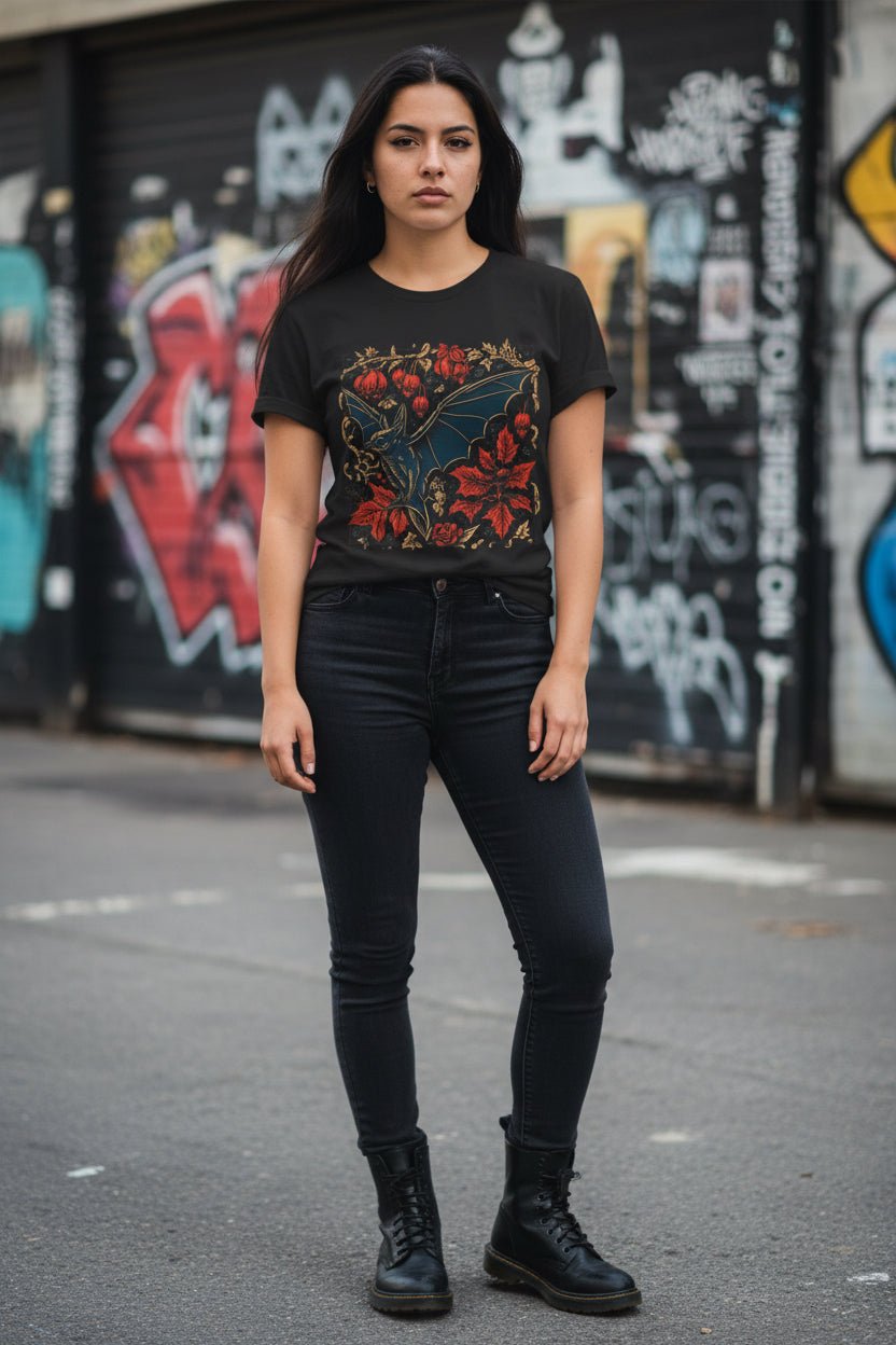 T-Shirt - Bat and Holly Goth Shirt | Light Fitted - Unisex Bella+Canvas 3001 | Bats, Christmas | Goth/Gothic from Crypto Zoo Tees